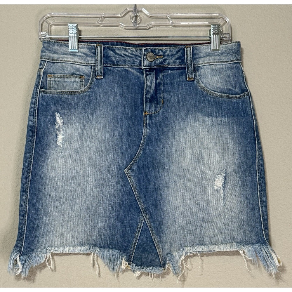 Cello Womens Denim‎ Skirt Sz S Light Wash Distressed Raw Frayed Hem